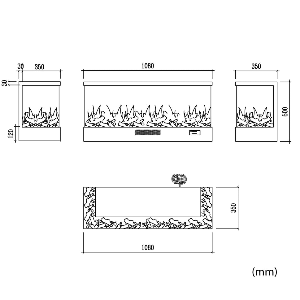 Cheminée électrique à trois faces avec flamme super réaliste 108cm 750-1500W contrôlable par panneau frontal ou télécommande minuterie et programmation hebdomadaire couleur noire SINED CHEMINÉE MERANO 108