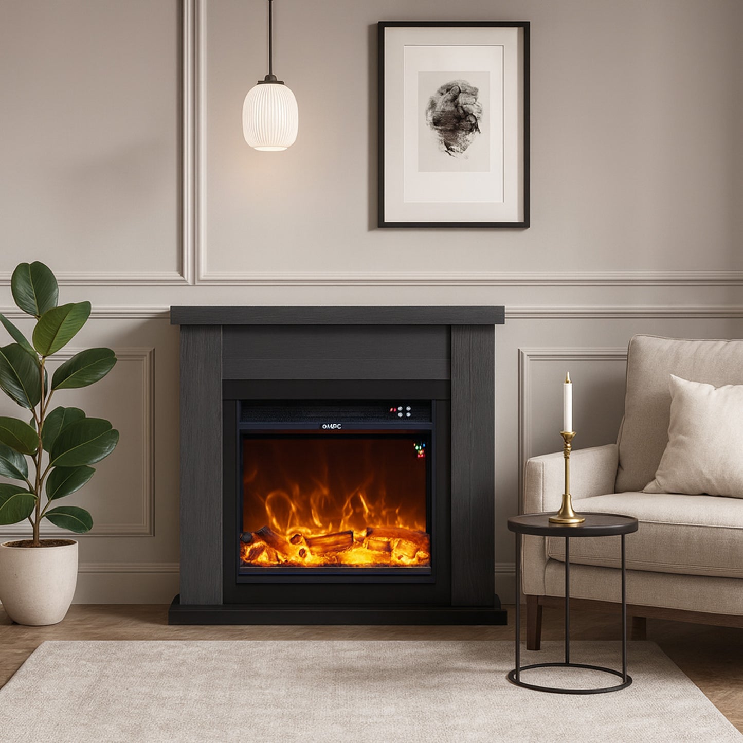 Chimenea eléctrica gris con mando a distancia y diseño moderno