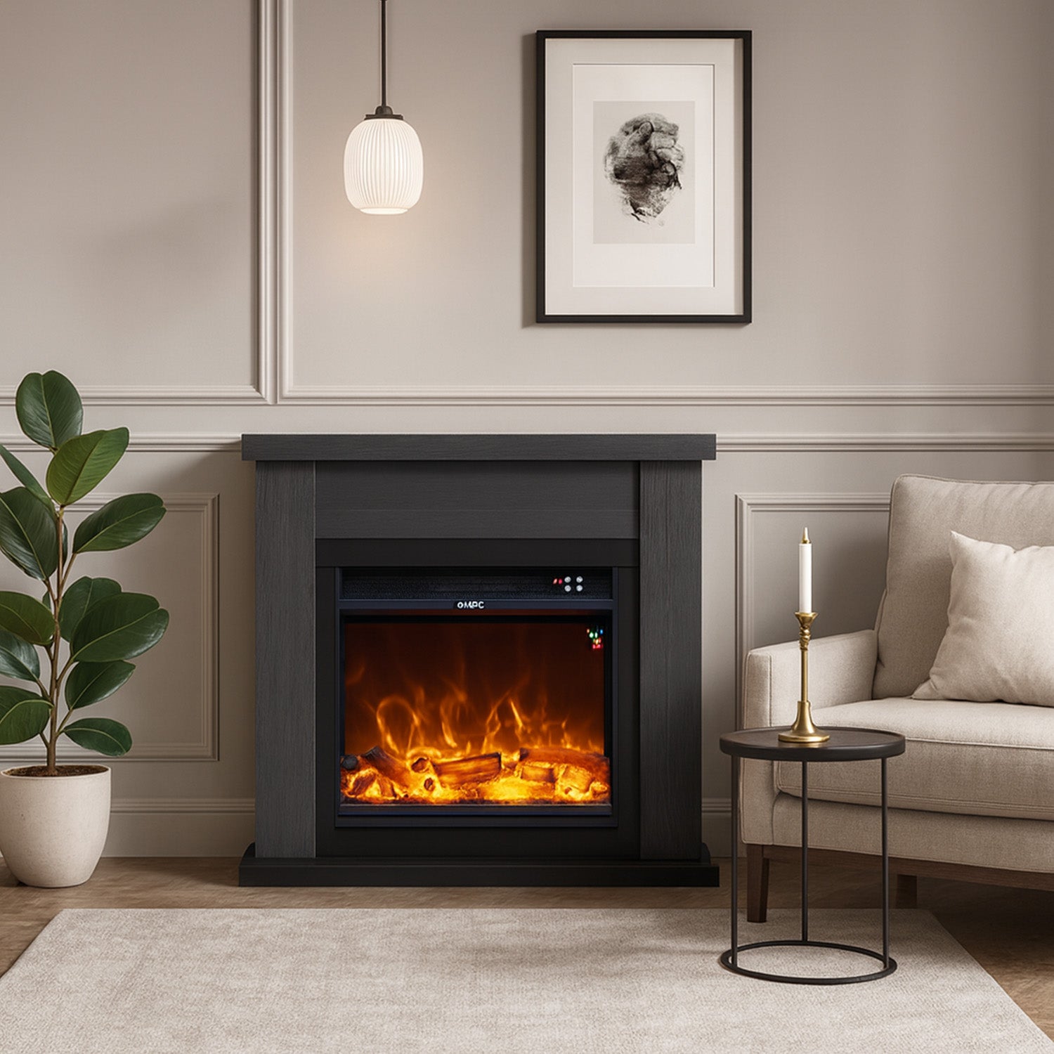 Mpc Camino Asciano Cheminée au Sol avec Cadre et Brûleur Électrique 1500w Gris Effet Flamme LED Réaliste Design aux Lignes Épurées en Bois MDF de Qualité Facile à Installer Télécommande