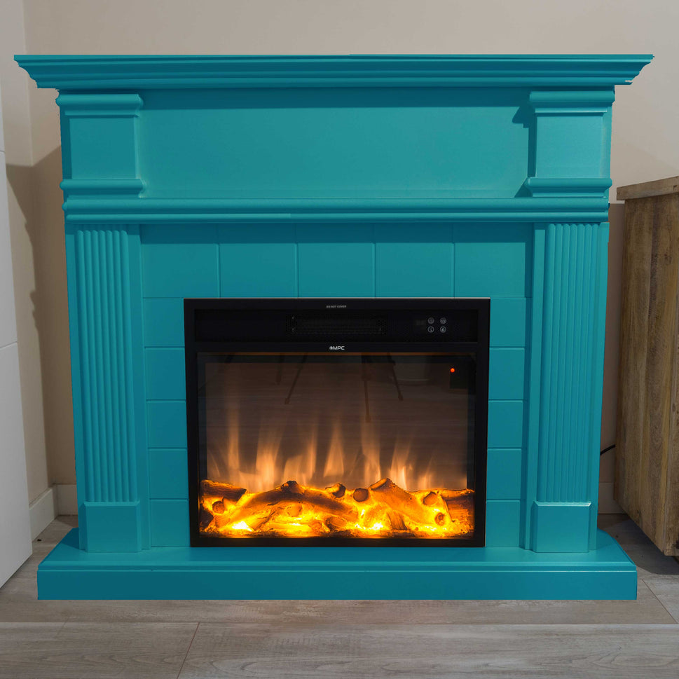Mpc Chaudière Cheminée au Sol avec Cadre et Brûleur Électrique 1500w Turquoise Design Moderne pour Intérieurs Bois MDF avec Télécommande Effet Flamme Seulement