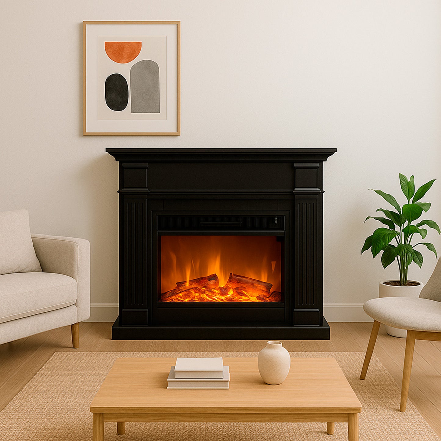 Chimenea eléctrica negra SINED con efecto llama realista y d