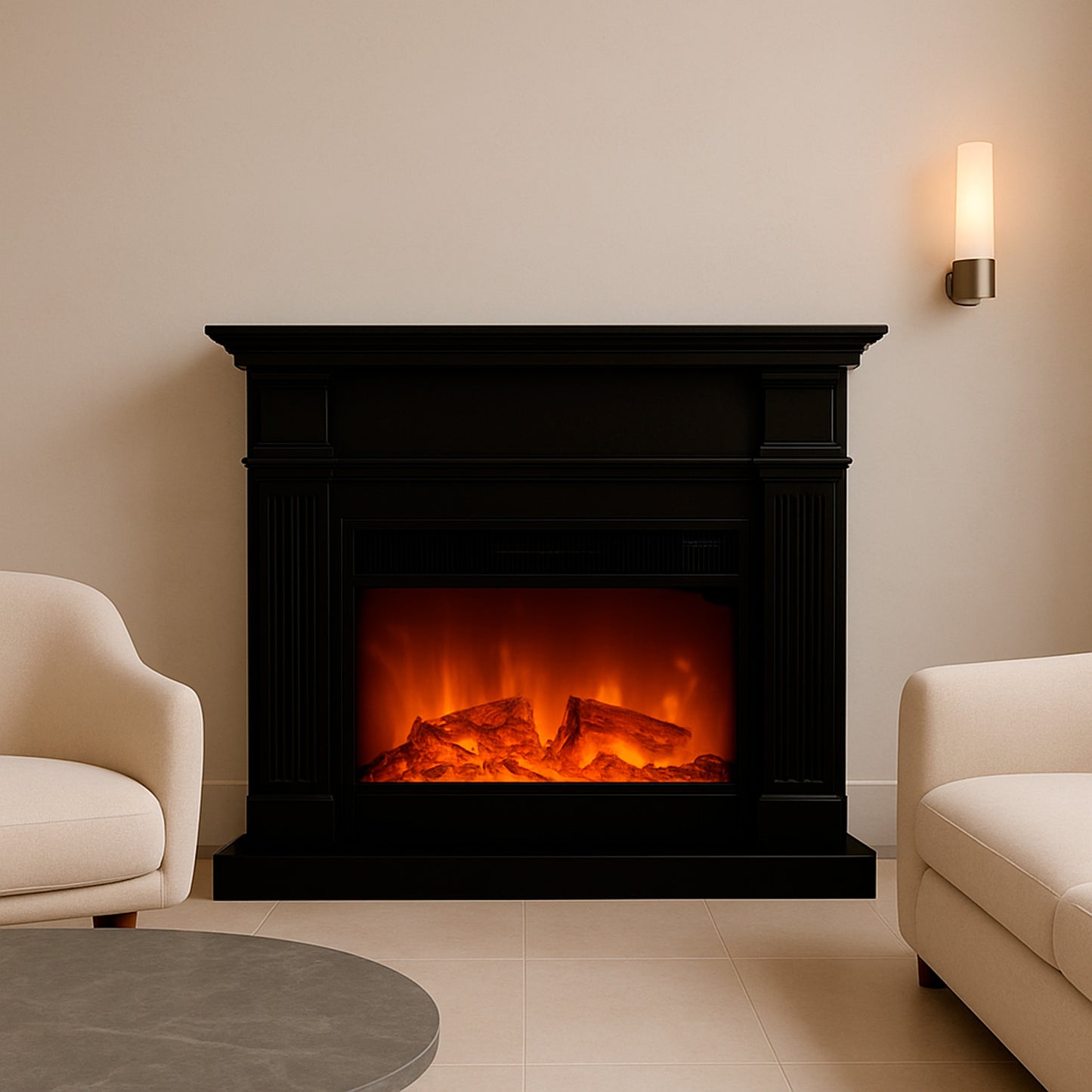 Chimenea eléctrica negra SINED con efecto llama realista y d