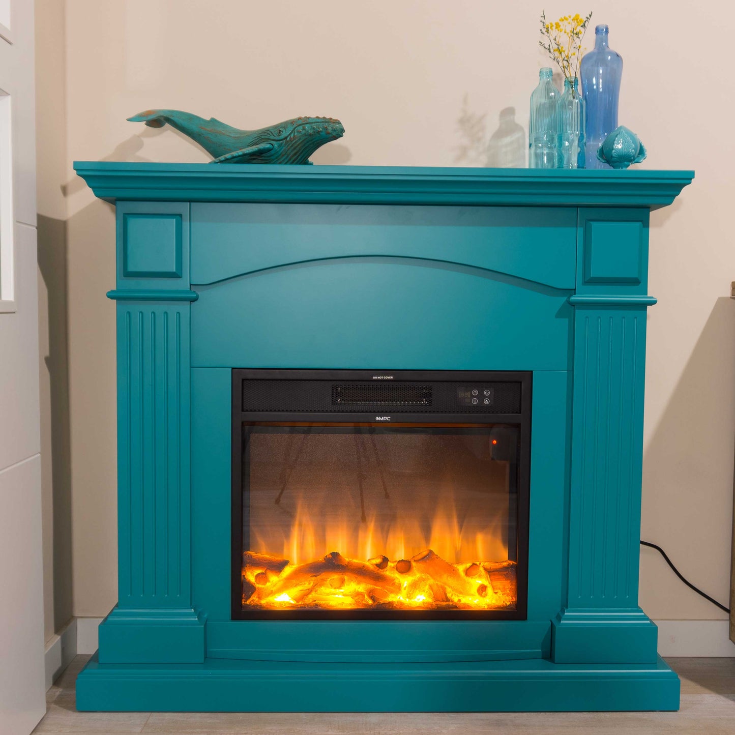 Chimenea eléctrica turquesa de diseño elegante y alta calida