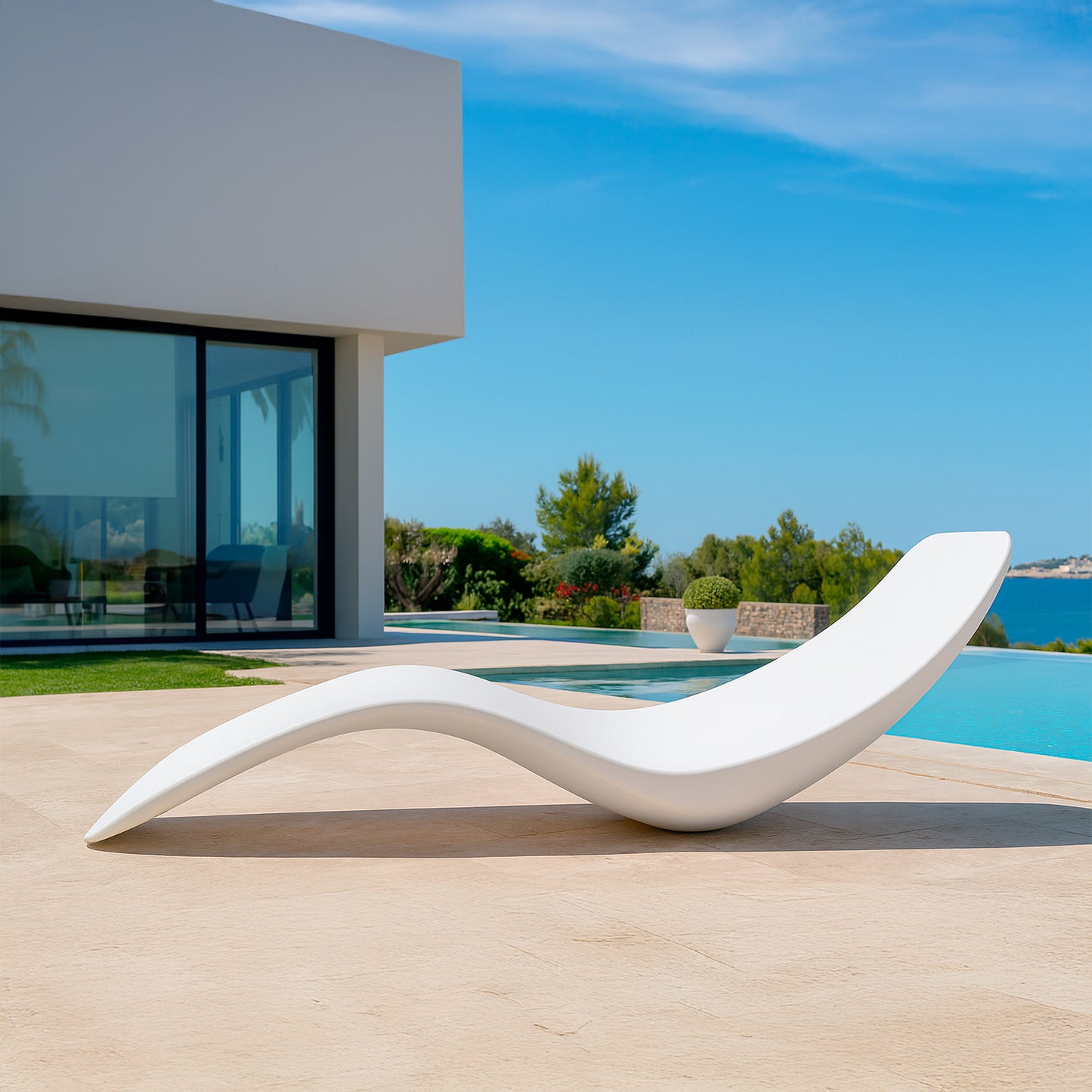 Chaise longue Antares blanca: diseño elegante, materiales de alta calidad y resistencia UV. Ideal para interiores y exteriores. Compra segura, envío rápido y garantía postventa. ¡Adquiere la tuya ahora!