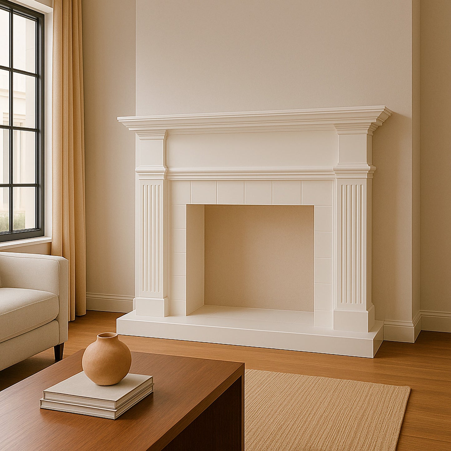 Cornice de madera blanca para chimenea eléctrica Caldera