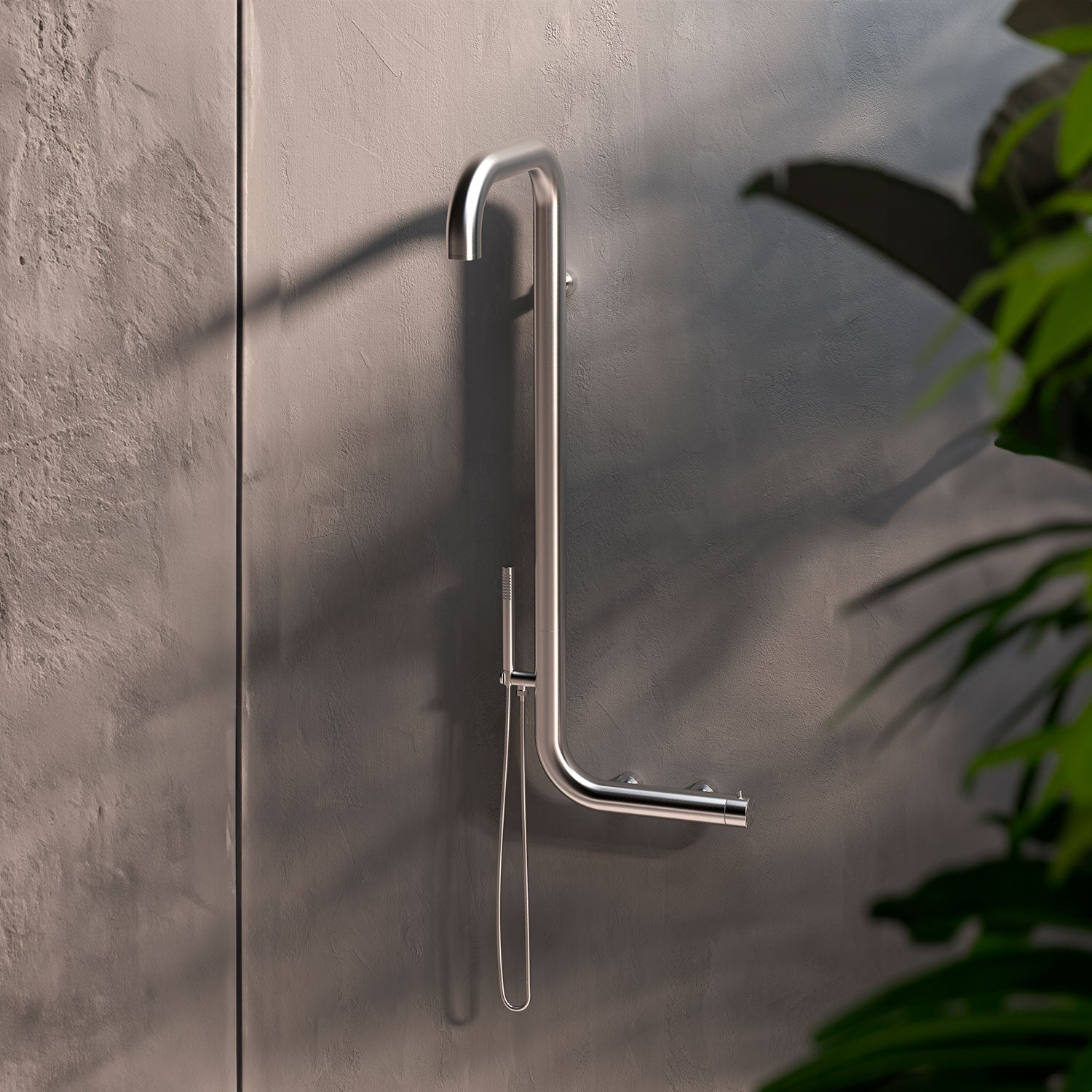 SINED Douche extérieure murale en acier inoxydable AISI 316L satiné avec mélangeur double eau chaude et froide pour douchette et pomme de douche, comprend une vanne trois voies Modèle DOCCIA ARBOREA INOX