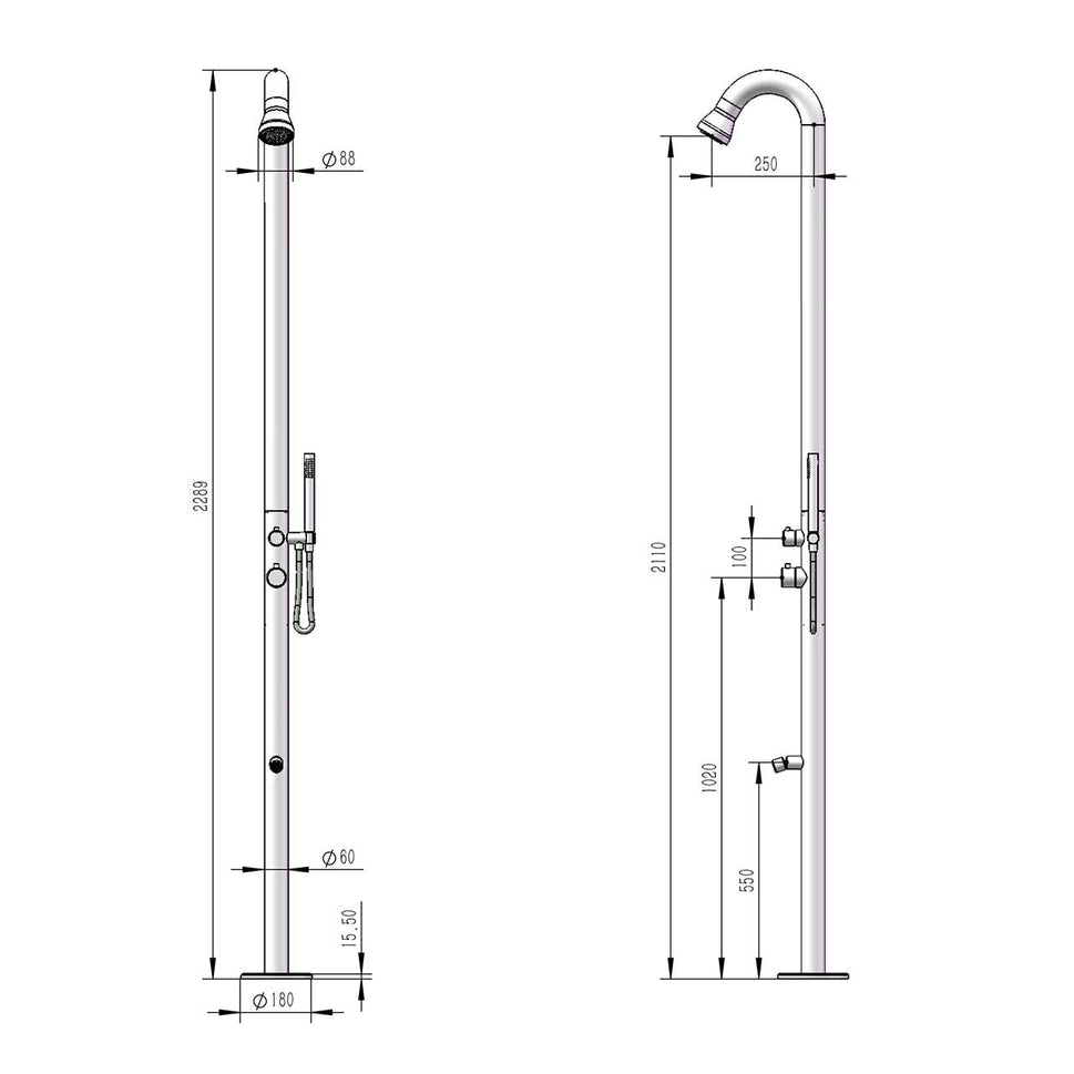 SINED Douche extérieure d'eau chaude et froide en acier inoxydable AISI 316L couleur inox satiné avec pomme de douche et déviateur manuel hauteur 229 cm et diamètre 6 cm modèle DOCCIA BOSA INOX