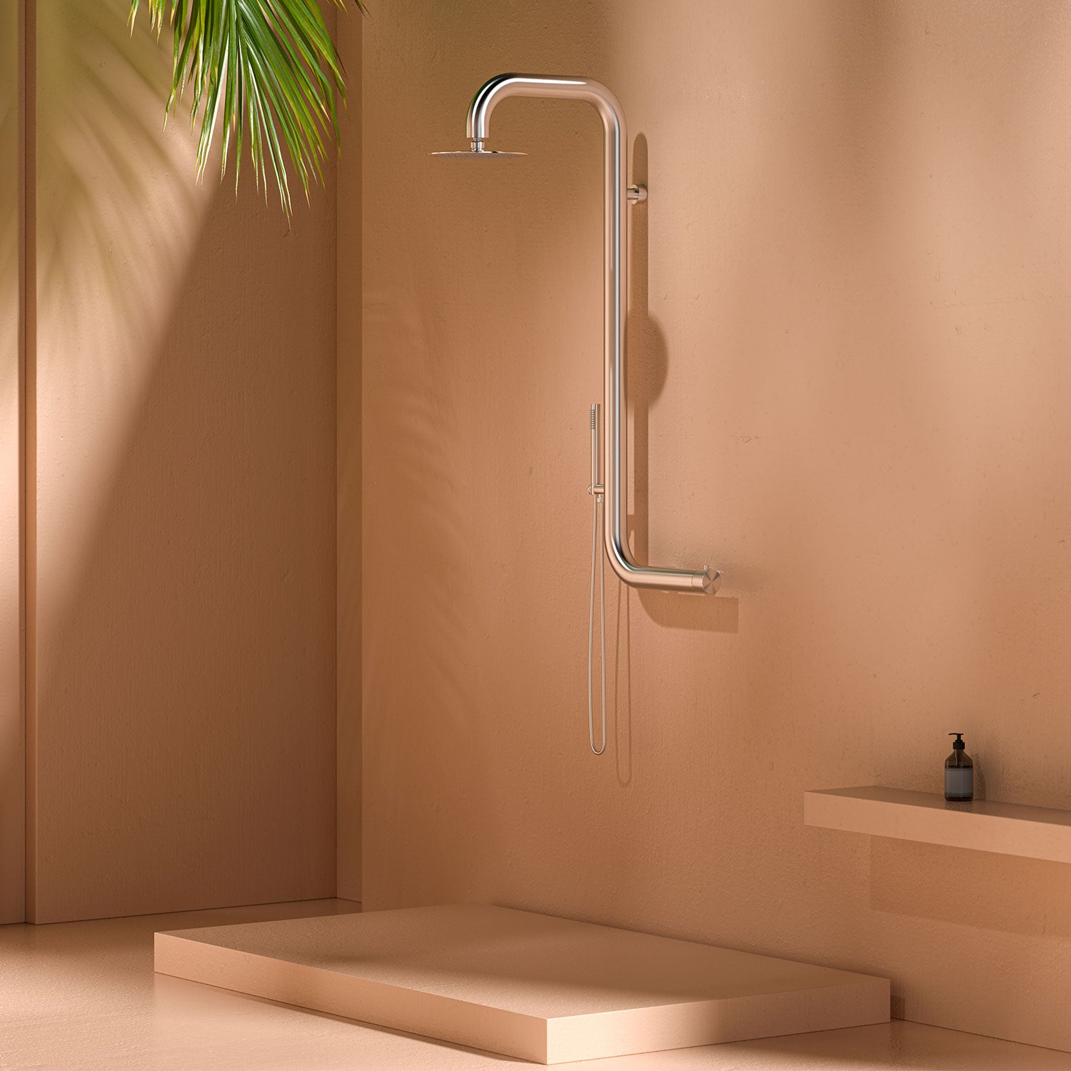 SINED Ducha de pared En Acero Inoxidable 316L Acabado Satinado con Mezclador y Ducha Grande Para Paredes y Exteriores e Interiores Agua Caliente y Fría Modelo DOCCIA CABRAS INOX