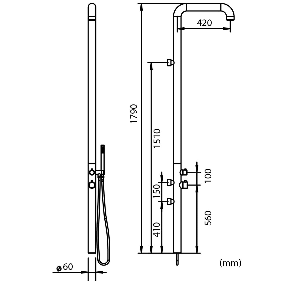 Wand- en binnendouche met 316l roestvrij staal Sined