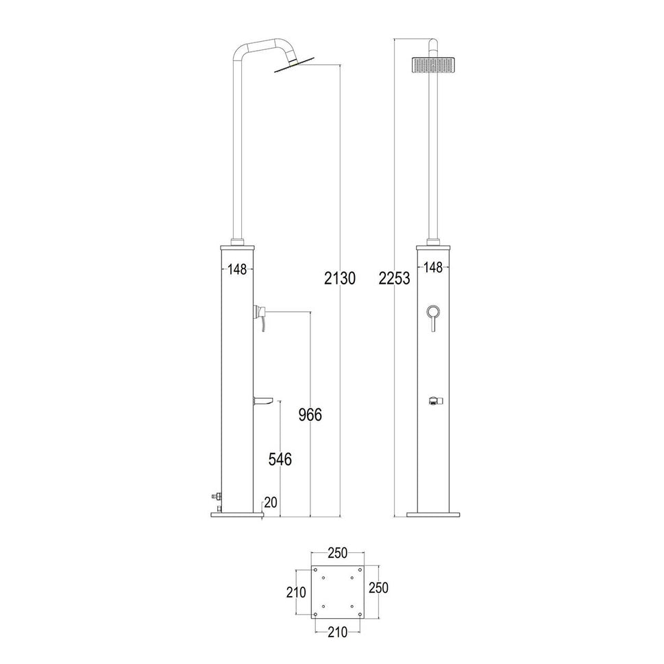 Sined Dino Ducha Solar Exterior Con Base De Aluminio y Tubo De Acero Negro Tanque De 26 Litros Ducha Cuadrada Abs Cabezal Mezclador Lava Pies
