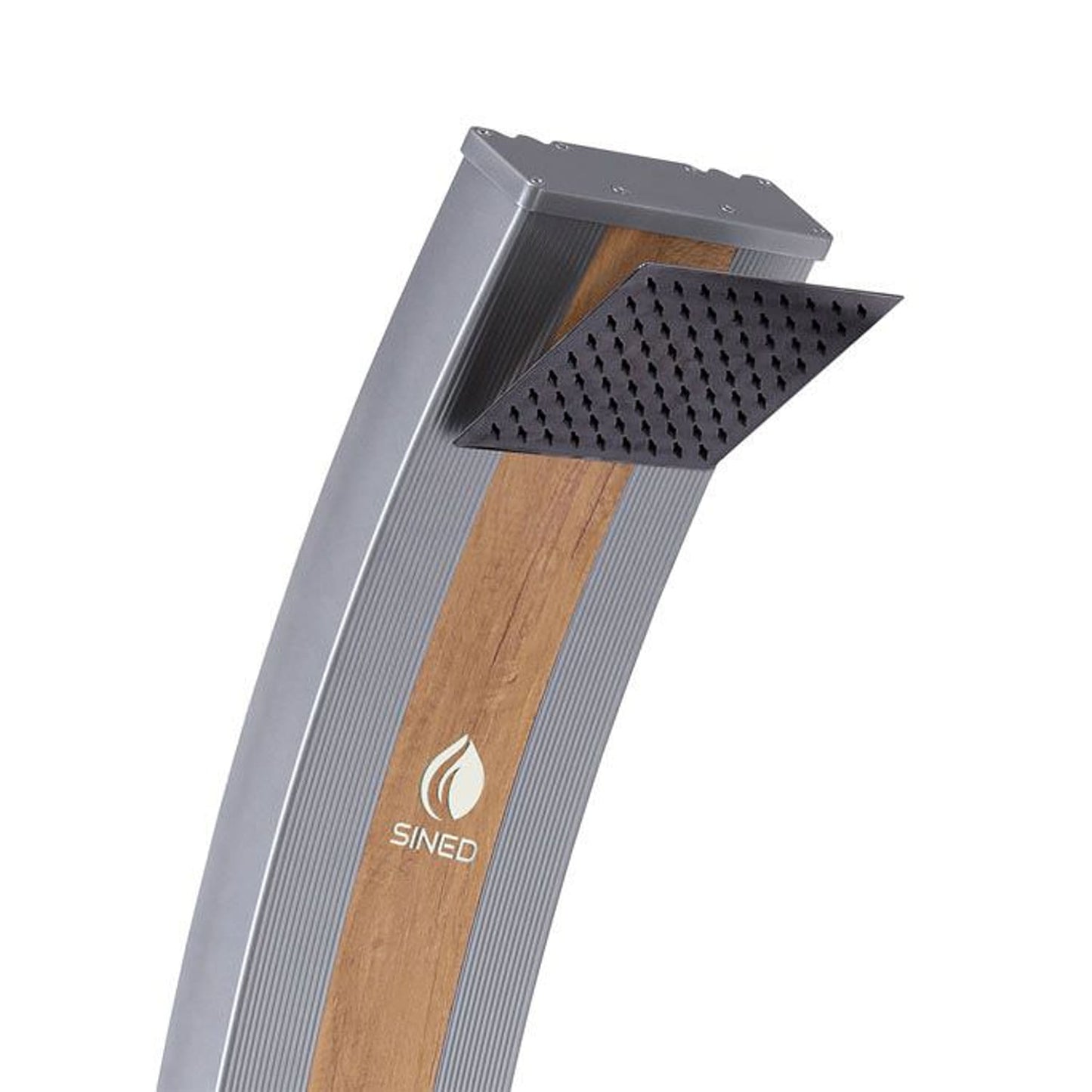 Ducha solar de aluminio gris con franja de madera