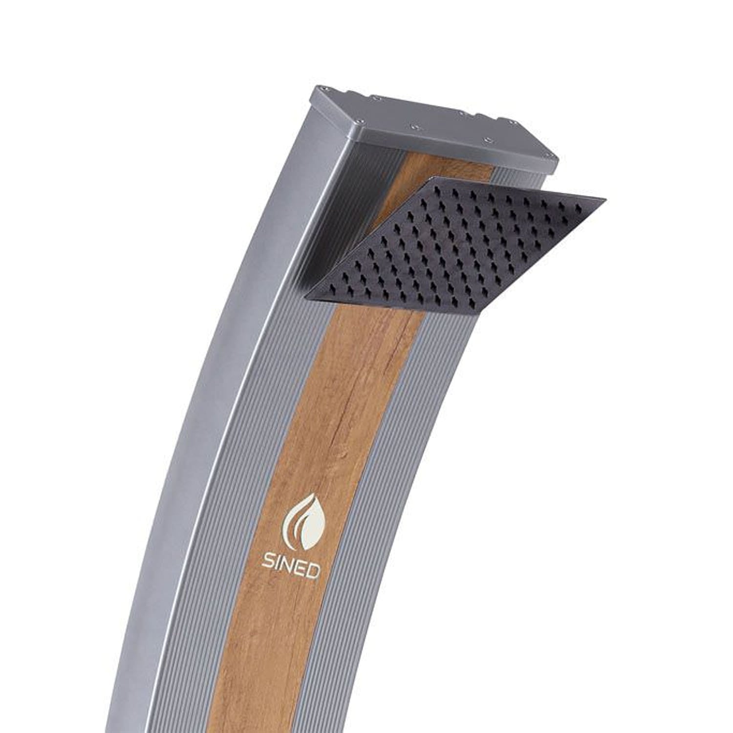 SINED Douche Solaire Grise en Aluminium avec Bande Centrale Couleur Bois Structure de 40 Litres Hauteur 224 cm Pour Jardin et Piscine avec Mitigeur et Douche Carrée Modèle Ella