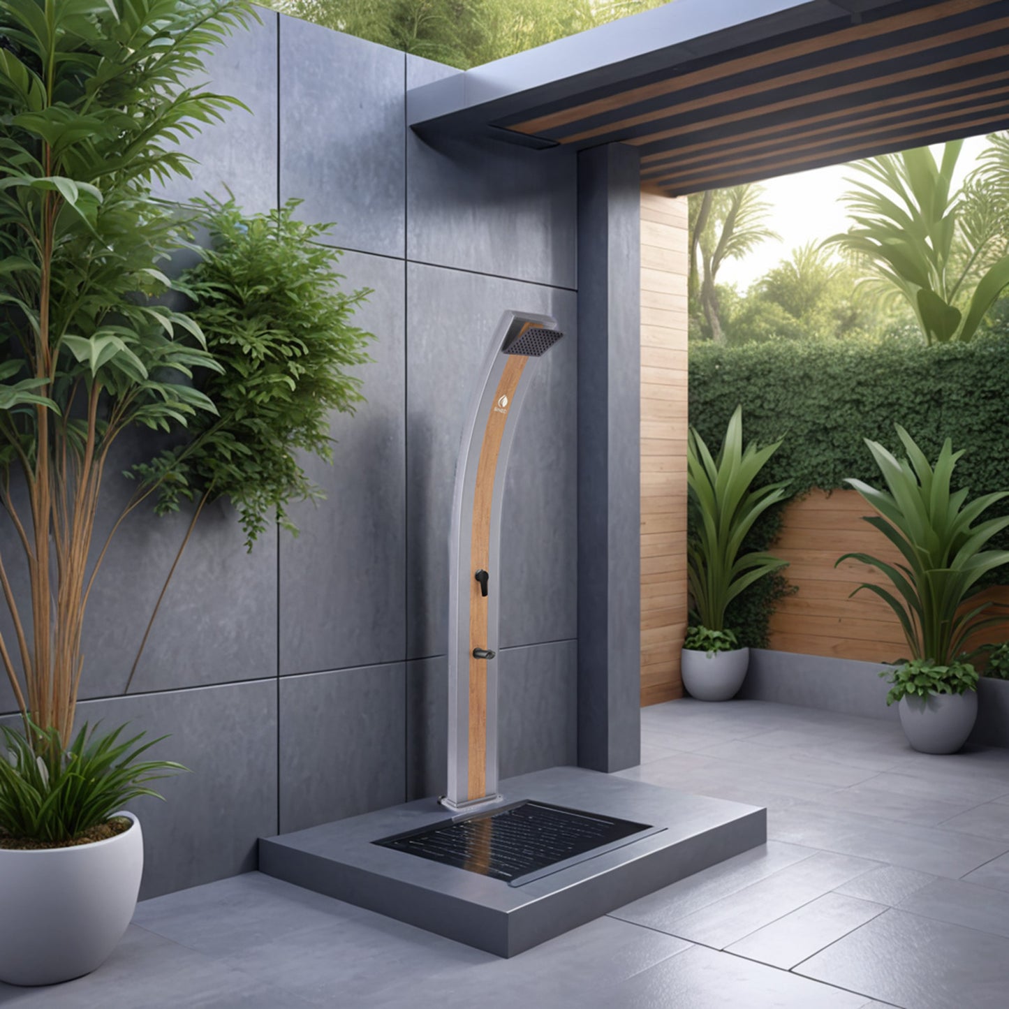 Ducha solar de aluminio gris con franja de madera