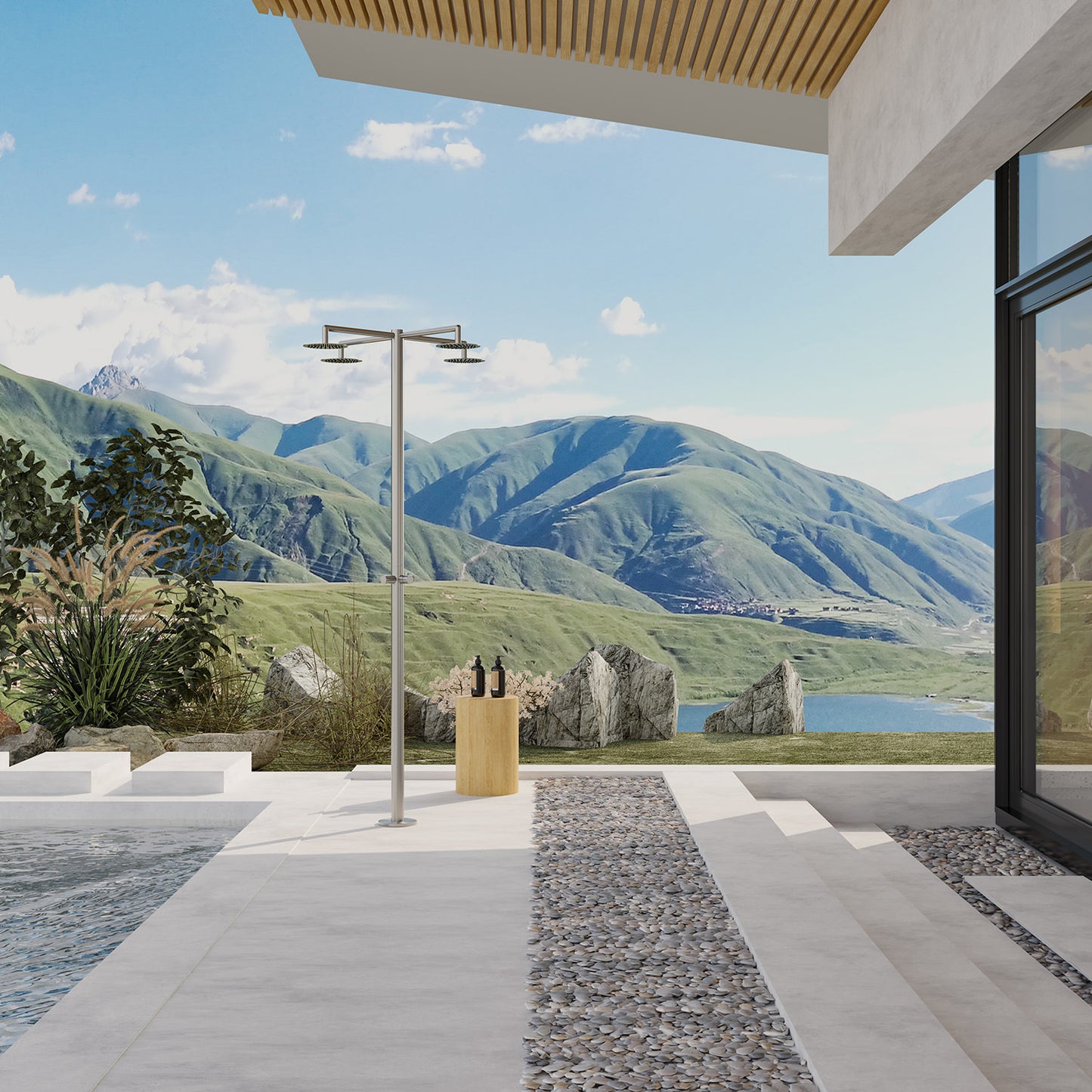 Ducha exterior de acero inoxidable 316L con cuatro chorros