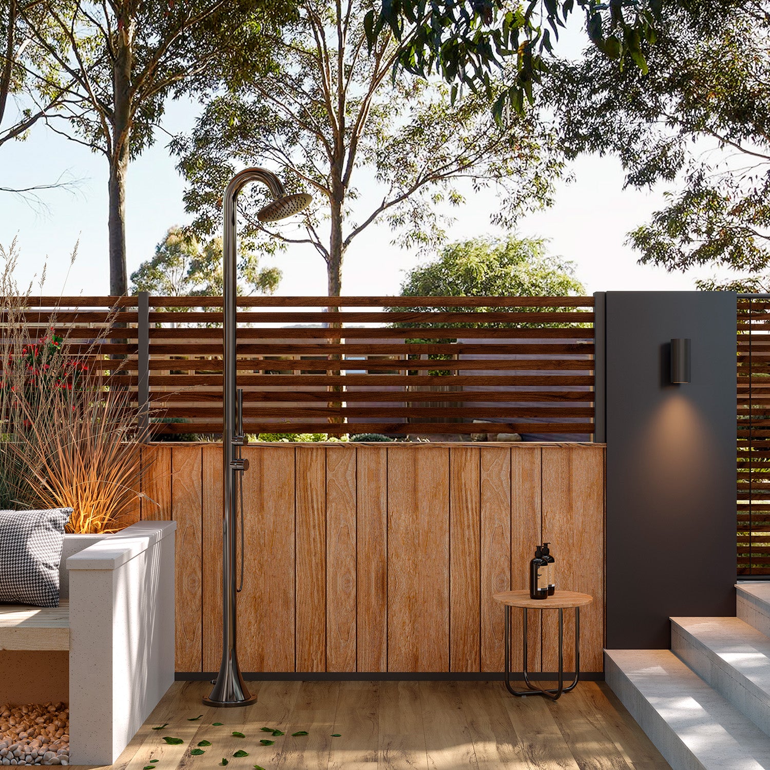 SINED Luna Douche de piscine en acier inoxydable 316l brossé avec pomme de douche flexible Eau chaude et froide Pour intérieur et extérieur Résistante Entrée d'eau inférieure ou latérale