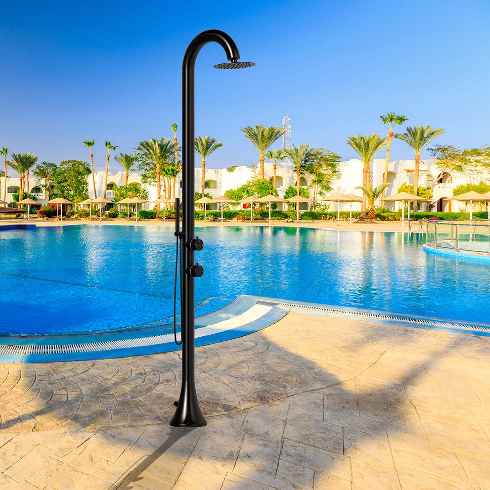 SINED Douche pour extérieur en acier inoxydable noir 316l avec douchette à main avec entrées pour eau chaude et froide depuis le côté ou par le dessous Deux modes Idéal pour installations extérieures