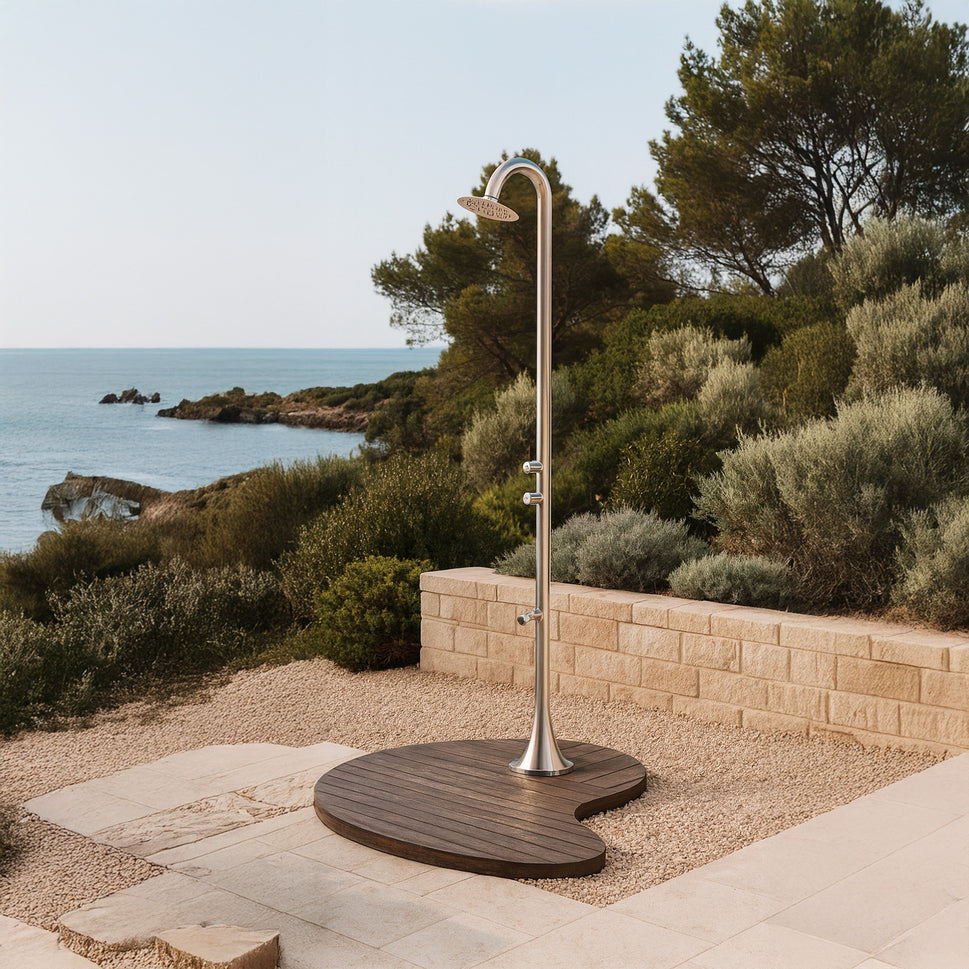 SINED Ducha Temporizada Inox Satinado en Acero Inox 316L para Jardines y Áreas de Piscina - Modelo DOCCIA-INOX-LUNA-DOPPIO-TMP-INOX