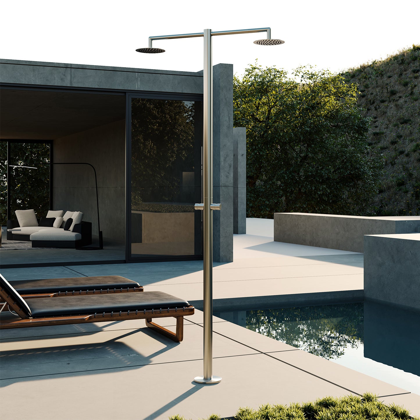 Ducha exterior de acero inoxidable con dos duchas de techo