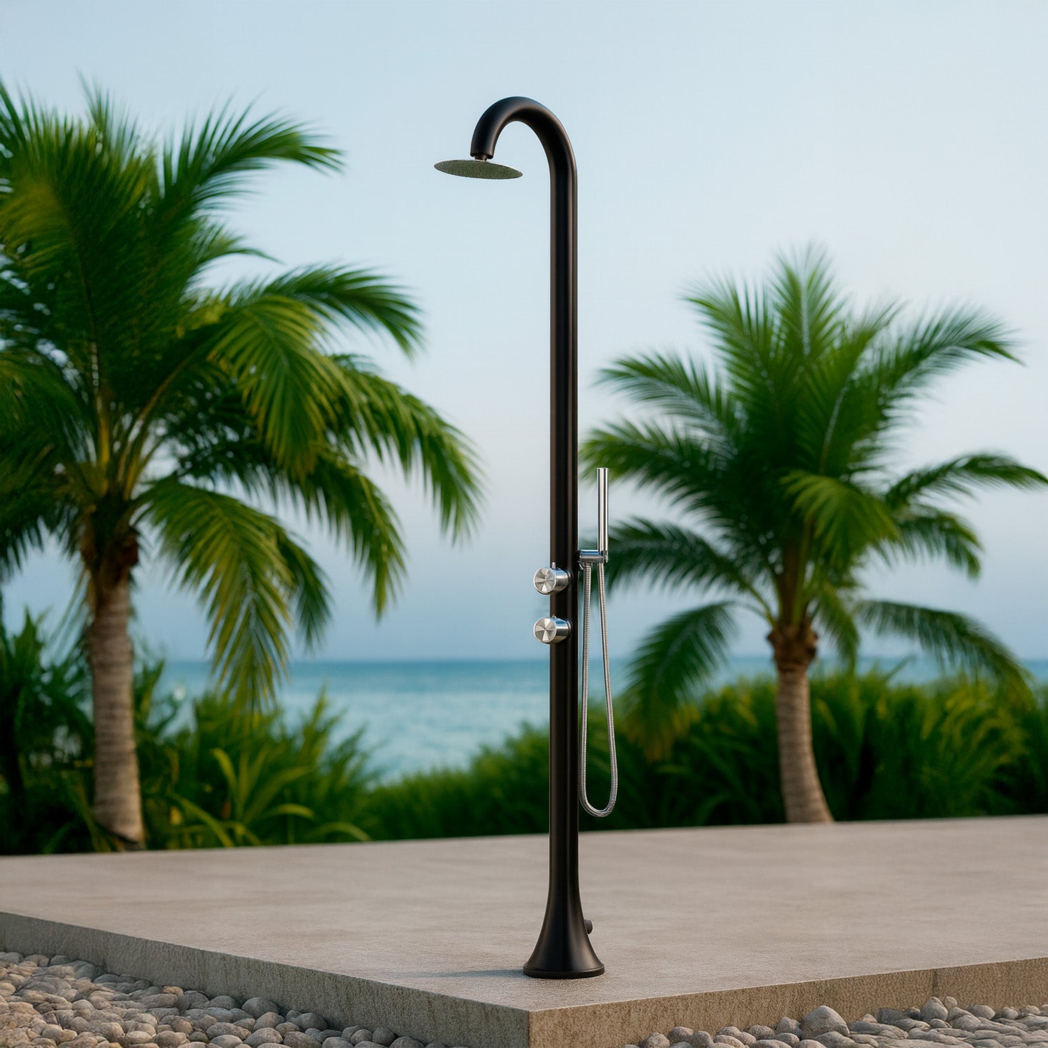 SINED Douche Moon D Acier Inoxydable Noir 316l Avec Douchette Flexible Avec Entrées Doubles Pour Eau Chaude Et Froide Par Le Côté Ou Par Le Bas Deux Modes Idéal Pour Installations Extérieures