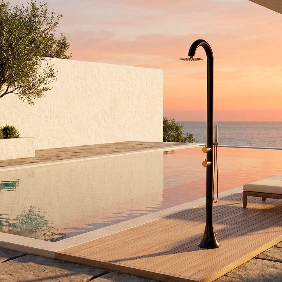 SINED Ducha Moon D Acero Inoxidable Negro 316l Con Teleducha Flexible Con Entradas Dobles Para Agua Caliente Y Fría Desde El Lado O Desde Abajo Dos Modos Ideal Para Instalaciones Al Aire Libre