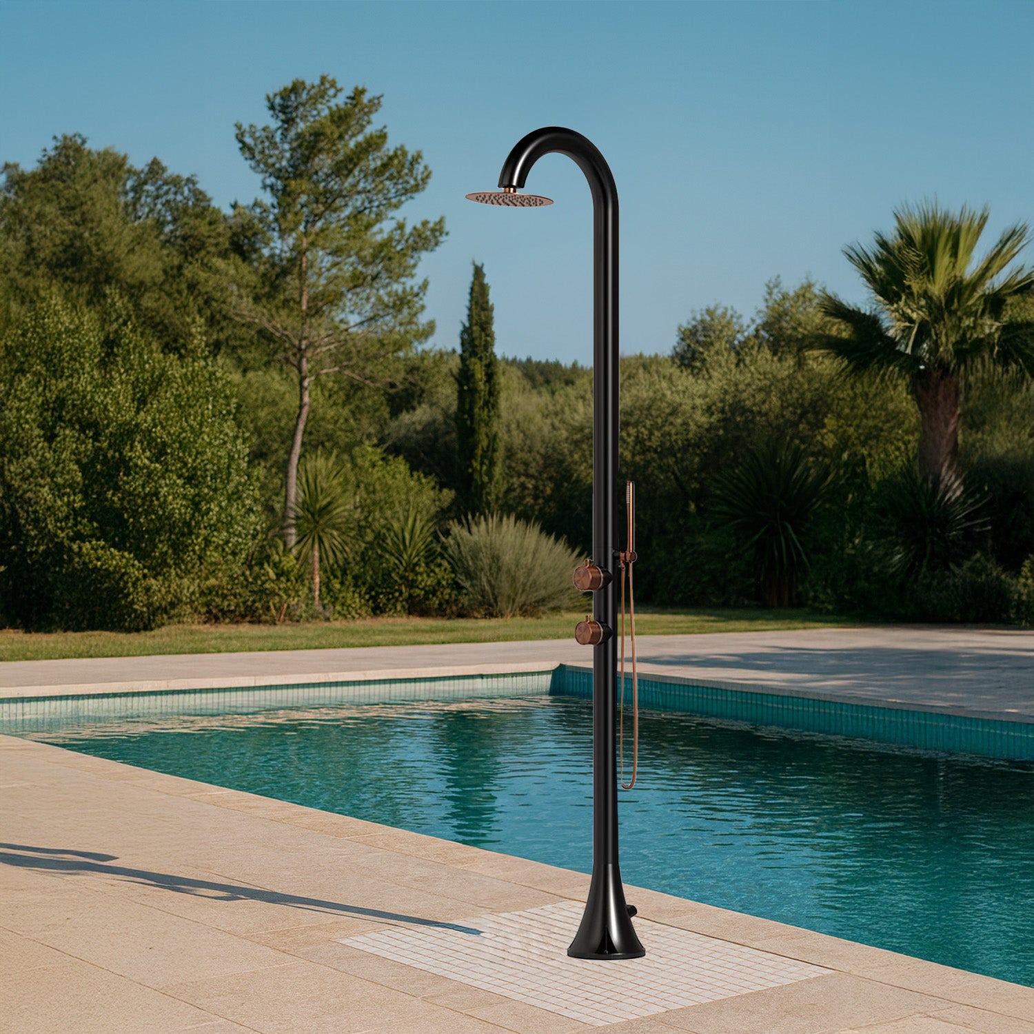 SINED Ducha Moon D Acero Inoxidable Negro 316l Con Teleducha Flexible Con Entradas Dobles Para Agua Caliente Y Fría Desde El Lado O Desde Abajo Dos Modos Ideal Para Instalaciones Al Aire Libre