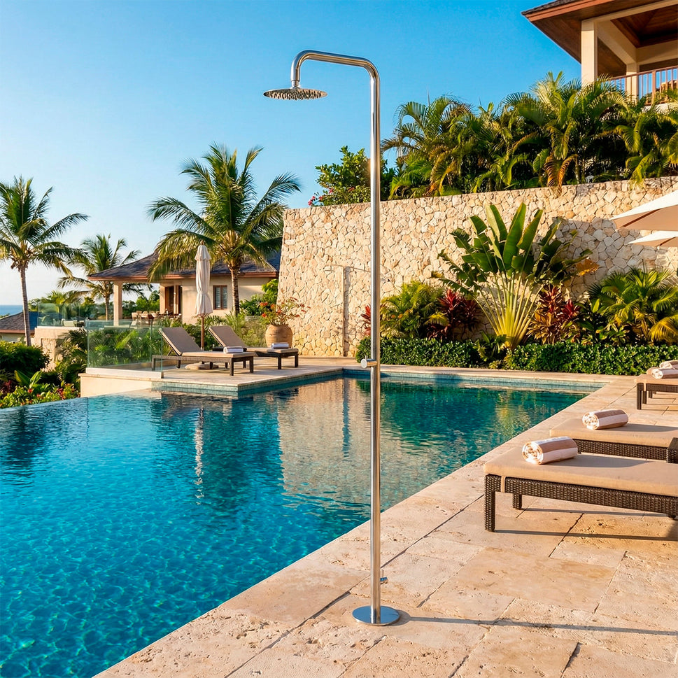 SINED ducha exterior acero inoxidable AISI 316 inox satinado, conexión trasera 1/2”, rociador Ø 25 cm, fijación suelo con 4 tacos modelo Nora