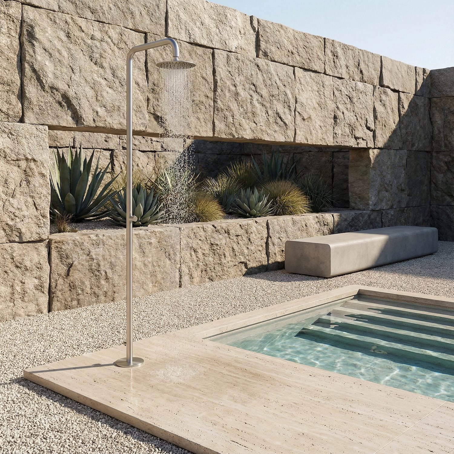 SINED ducha exterior acero inoxidable AISI 316 inox satinado conexión trasera 1-2 rociador Ø 25 cm fijación suelo con 4 tacos modelo Nora