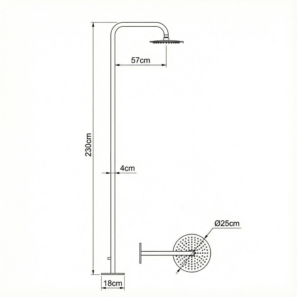 SINED doccia esterna in acciaio inox AISI 316L con finitura oro PVD soffione 25 cm rubinetto integrato y fijación segura a pavimento – Modelo Nora