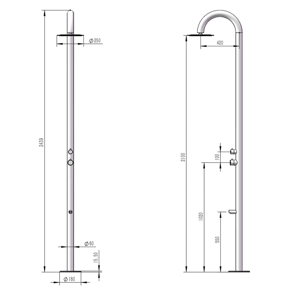 SINED Doccia de acero inoxidable AISI 316L color inox y negro con mixer lava pies y ducha de 25 cm para interior y exterior DOCCIA-PALAU-DUO-INOX-NERA