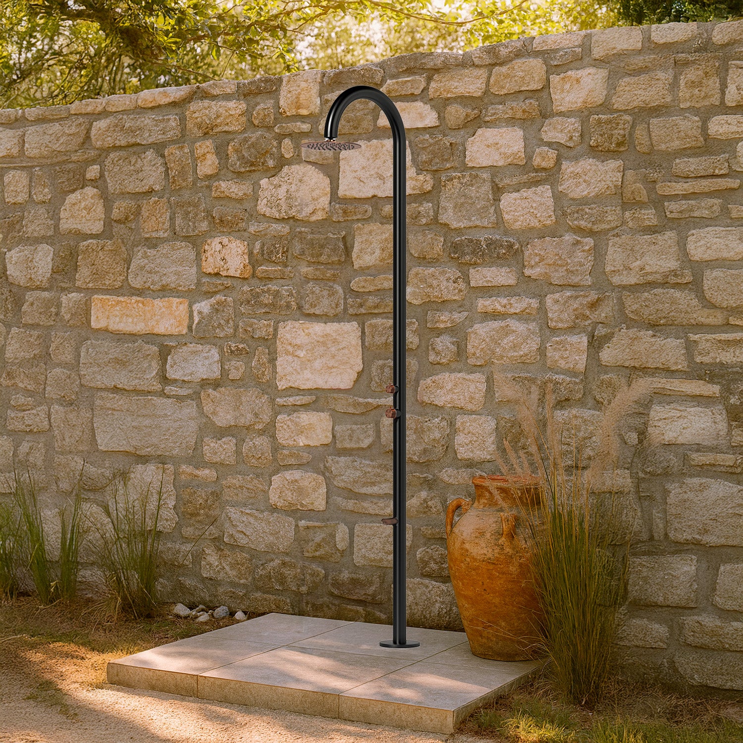 SINED Doccia con Soffione 25 cm Miscelatore y Lavapiedi Acero Inox AISI 316L Negro y Oro Rosa para Interior y Exterior DOCCIA-PALAU-DUO-NERA-OROROSA