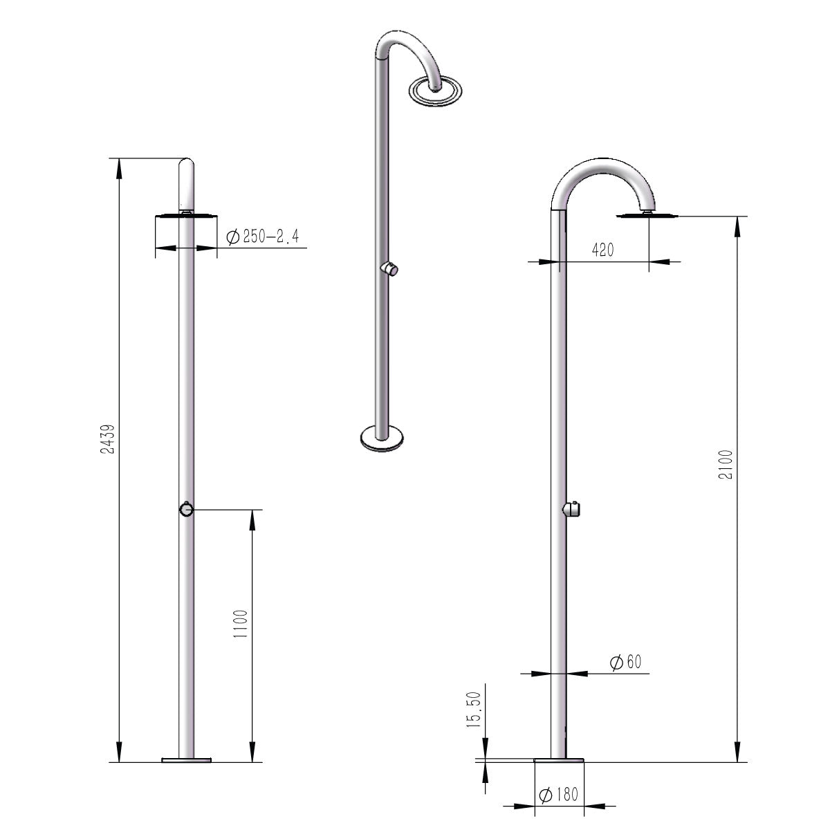 Sined Palau Ducha Curva Para Piscina Aço Inoxidável 316l Apenas Água Fria Acabamento Satinado Resistente às Intempéries e ao Sal