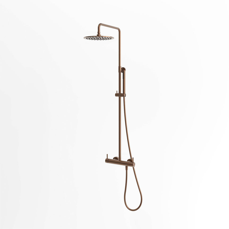 SINED Duche de parede em aço inoxidável 316L cor ouro rosa, desenhada para instalação interior e exterior com entrada de água quente e fria e misturador duplo, modelo DOCCIA PARETE LEVANTE