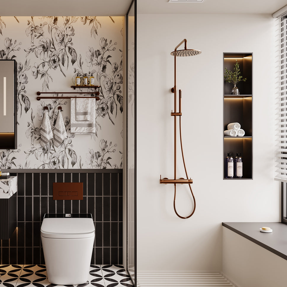 SINED Duche de parede em aço inoxidável 316L cor ouro rosa, desenhada para instalação interior e exterior com entrada de água quente e fria e misturador duplo, modelo DOCCIA PARETE LEVANTE