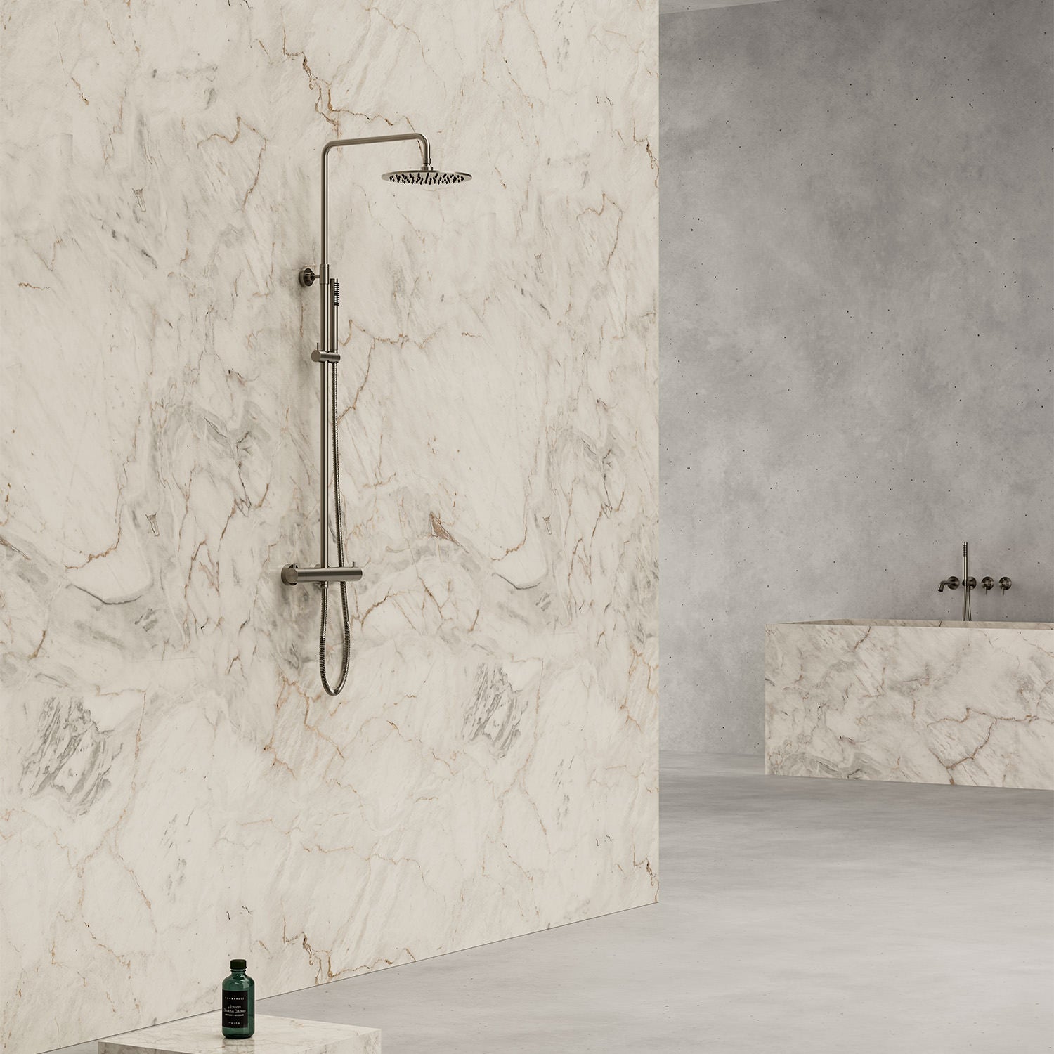 SINED ducha de pared en acero inoxidable 316L acabado PVD color canón para exterior e interior con mezclador termostático instalación estándar y cabezal 25 cm modelo Levante