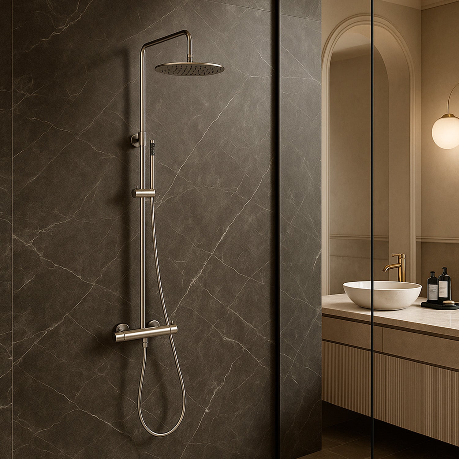 SINED - Ducha Termostática de Pared en Acero Inoxidable 316L Satinado con Mezclador de Agua Fría y Caliente Cabezal de 25 cm y Ducha de Mano Instalación para Uso Interno y Externo - Modelo Levante