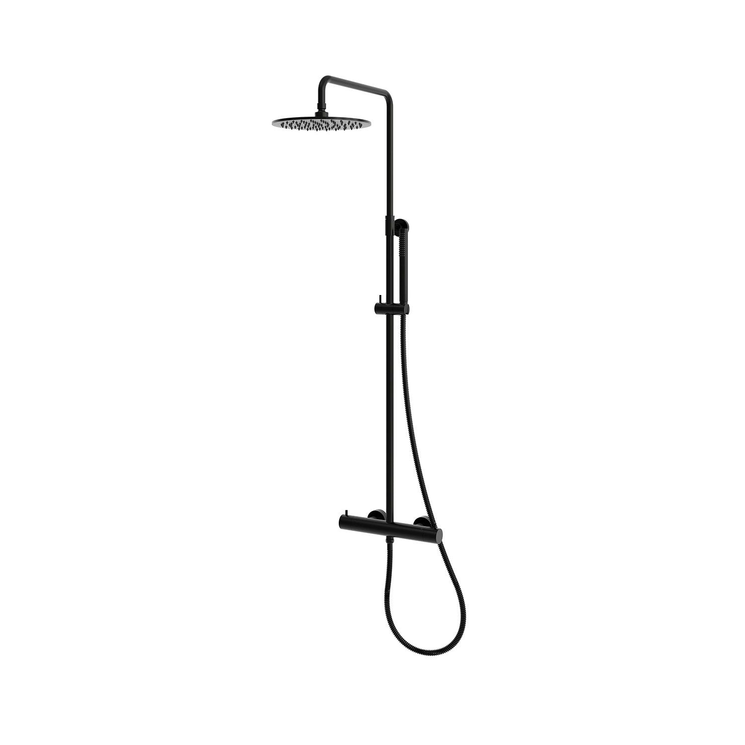 SINED Ducha de Pared en Acero Inoxidable Náutico 316L Negro Mate con Mezclador Termostático Soporte para Cabezal Fijo 25 cm y Ducha de Mano Modelo Levante