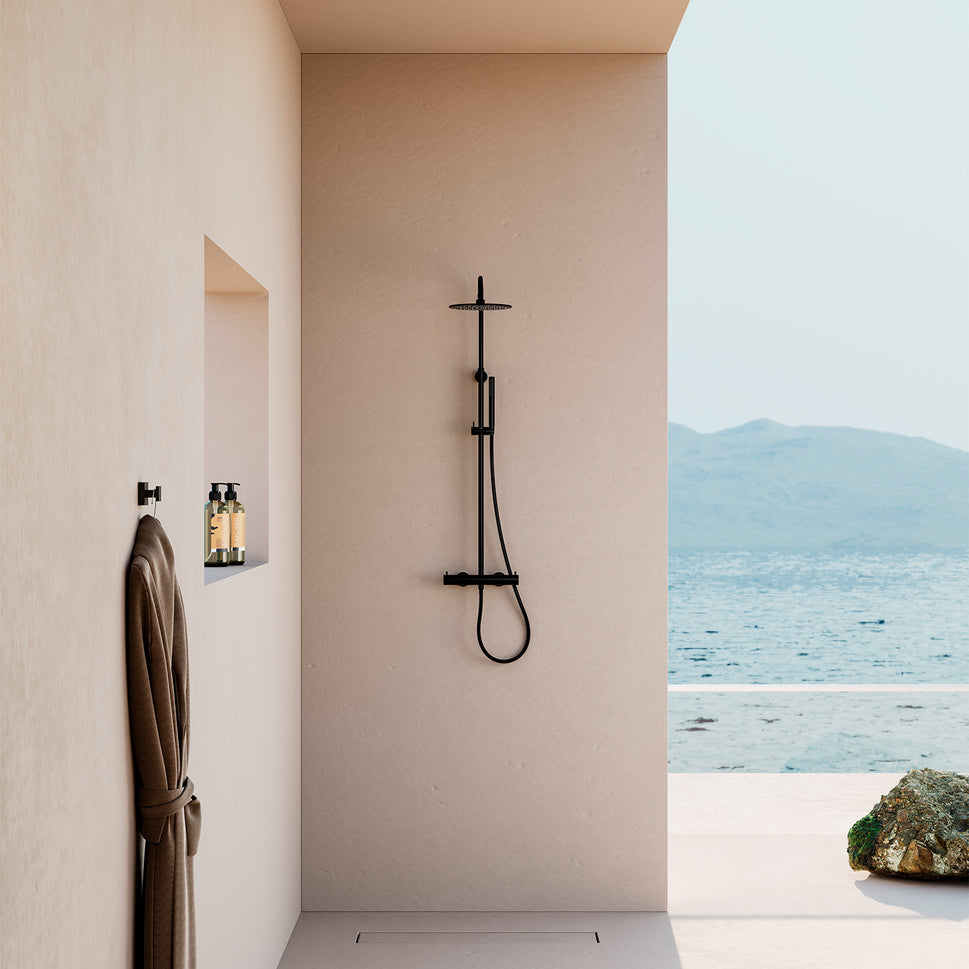 SINED Ducha de Pared en Acero Inoxidable Náutico 316L Negro Mate con Mezclador Termostático Soporte para Cabezal Fijo 25 cm y Ducha de Mano Modelo Levante