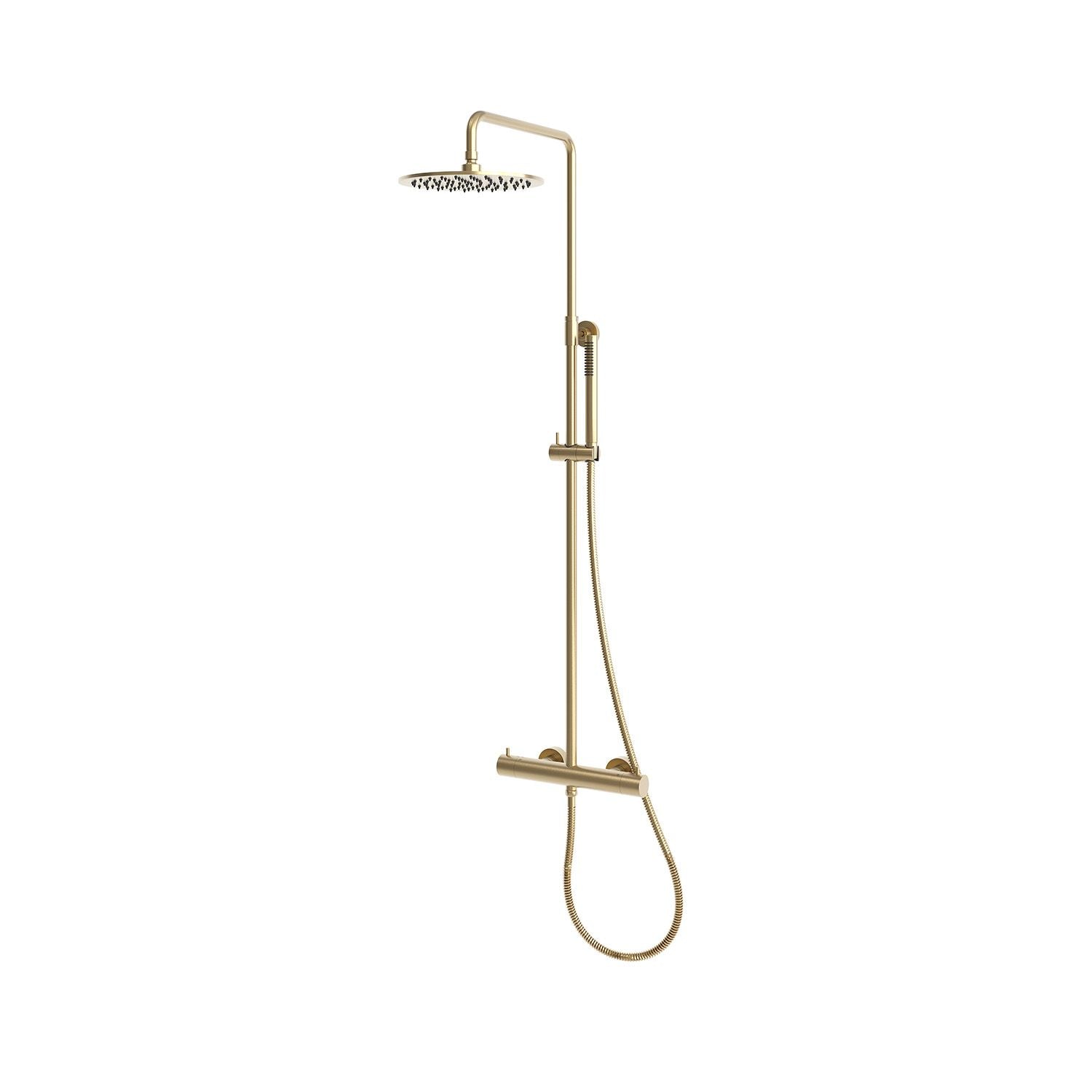 SINED ducha de pared en acero inoxidable 316L color oro con miscelador termostático, instalación interior y exterior, cabezal 25 cm y ducha manual modelo Levante