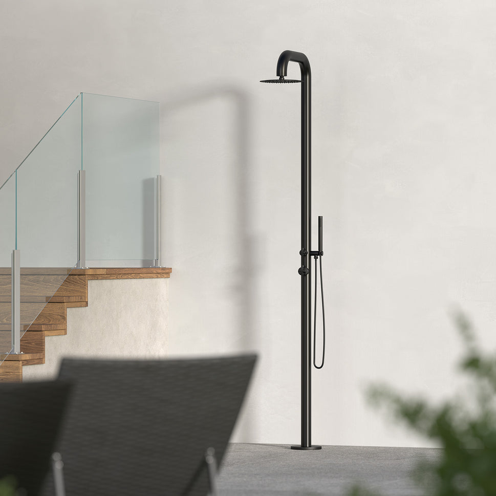 SINED Ducha de Jardín de Acero Inoxidable AISI 316L en Negro Satinado con Mezclador y Ducha de mano Conexión de Agua Caliente y Fría a traves del suelo DOCCIAPULANERA