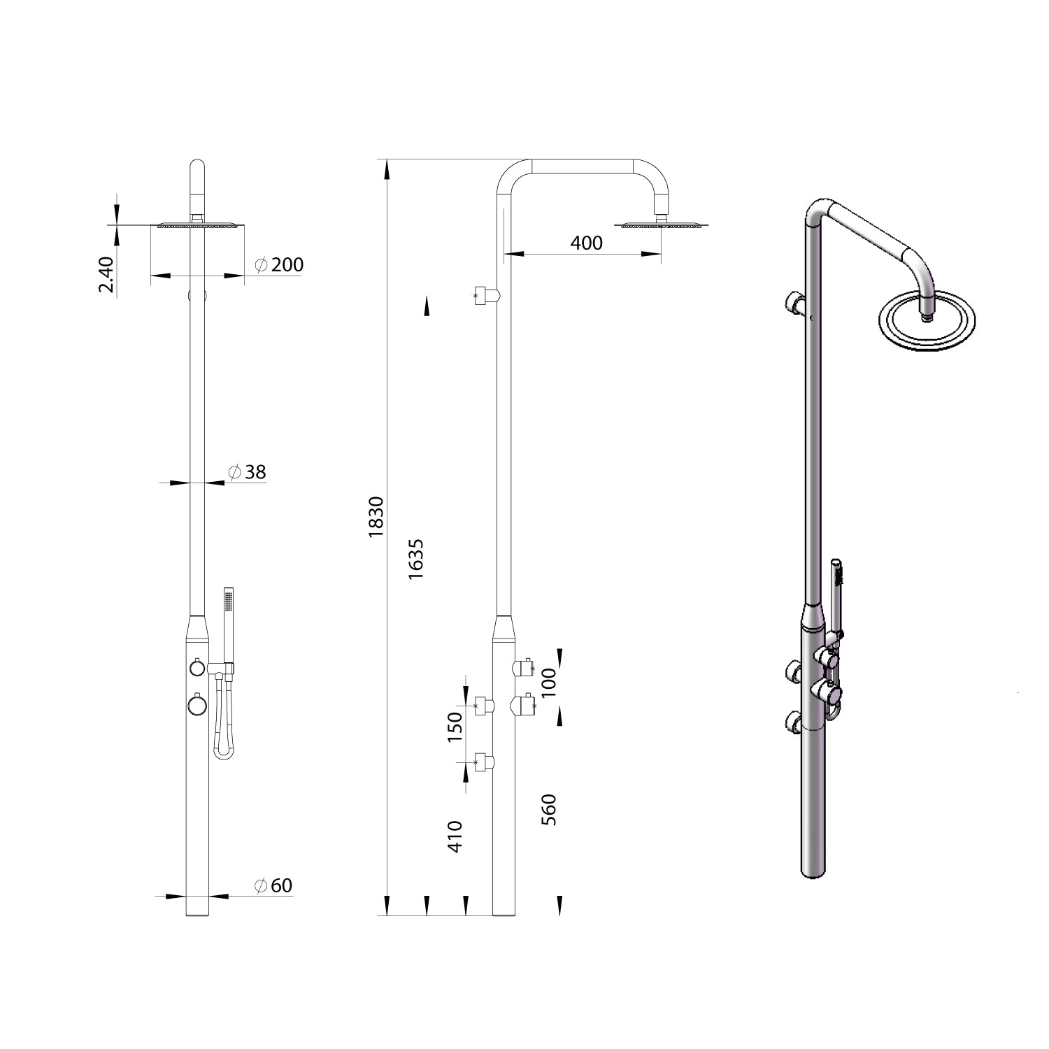 Doccia da Parete Esterno 316l con Soffione Mobile Nero Sined