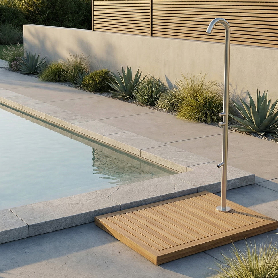 Sined Quartu Acero Inoxidable 316l Ducha Exterior con Rociador y Lavapies h 2289 cm Conexiones Ocultas de Acero Inoxidable en la Base