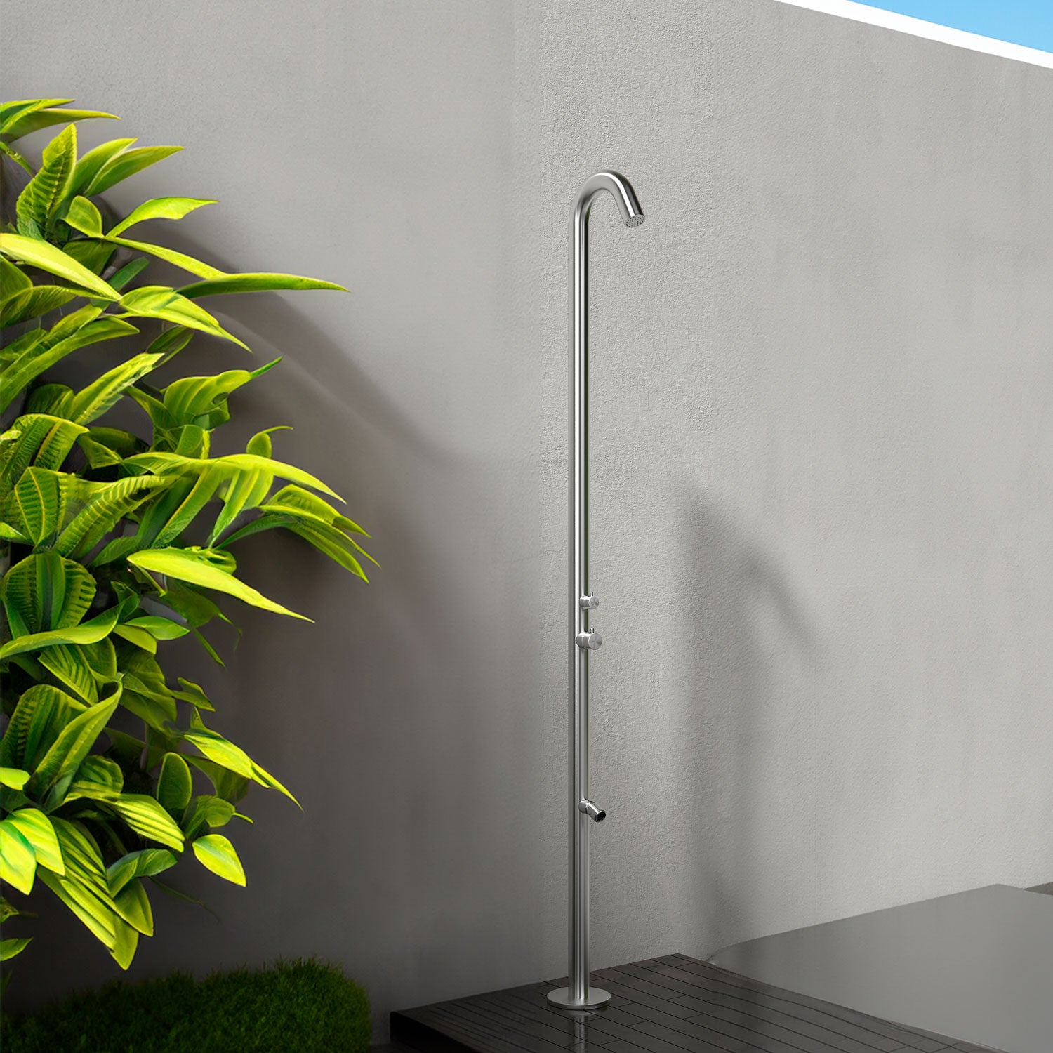 Ducha Exterior Sined Quartu Acero Inoxidable 316l Con Rociador y Lavapies h 2289 Cm Inox Conexiones De Base Ocultas