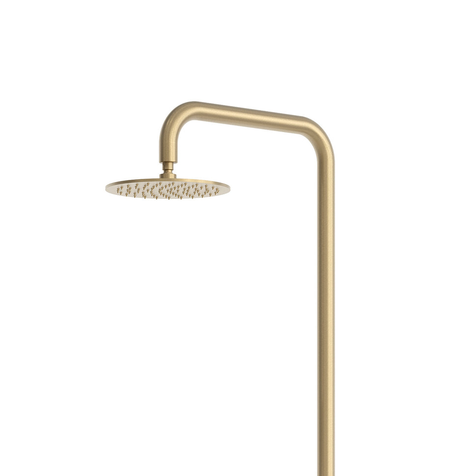 SINED Ducha exterior en acero inox AISI 316L PVD oro solo agua fría conexión trasera 1-2 rociador Ø25 cm fijación a suelo con 4 tacos Santadi Oro