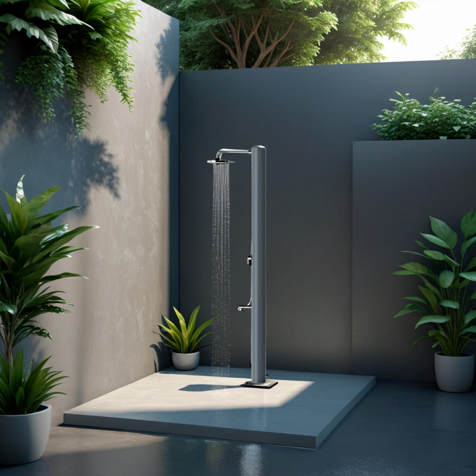 Sined Rimini Solar Shower Slate Gray Stainless Steel Garden Shower With Solar Heating Mixer Tap and Foot Wash 28 Liters White Ideal For Garden Pool Hotel Beach