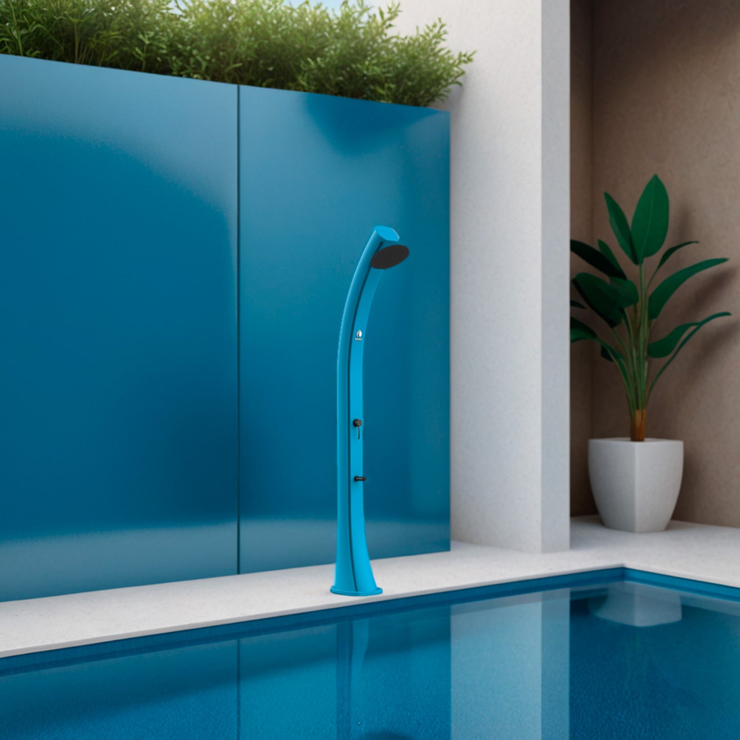 Ducha solar azul SINED: diseño elegante y materiales de alta calidad para tu jardín o piscina.