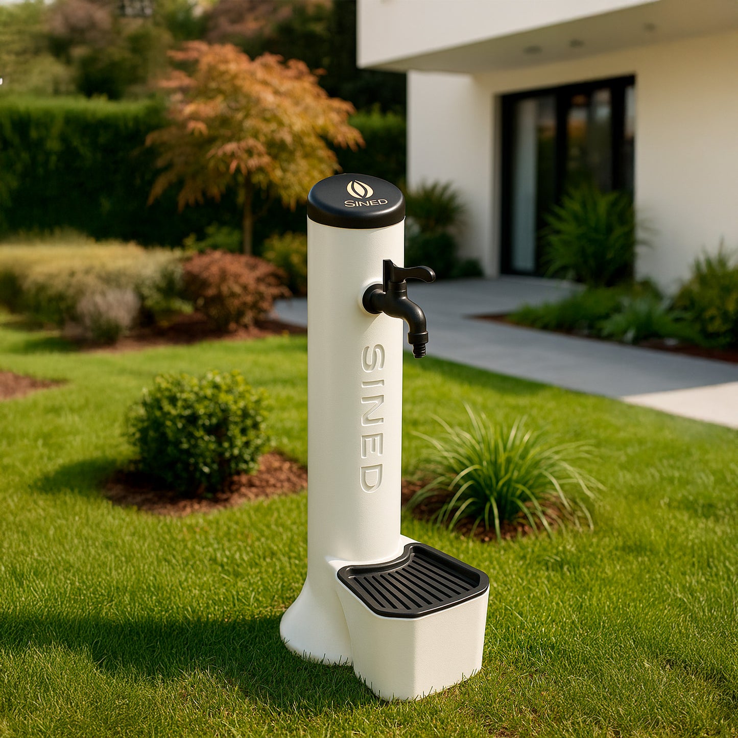 Fuente exterior blanca con cubo, diseño elegante y duradero