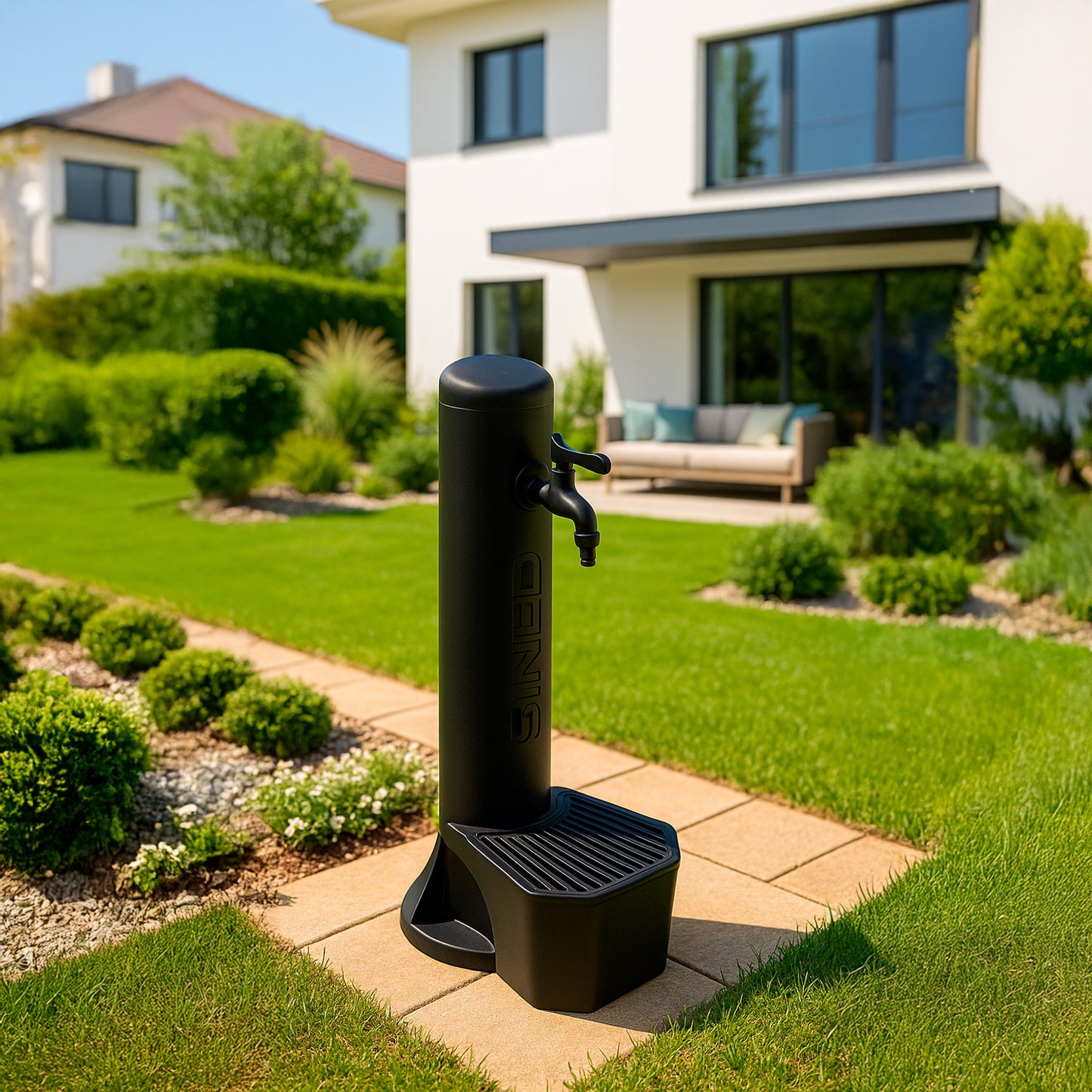 Fontana negra de exterior con cubo de 5L y diseño elegante