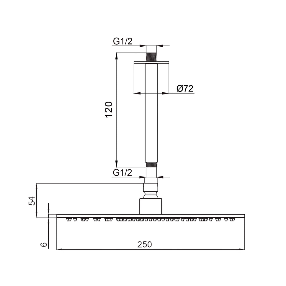 SINED Kit van arm en plafonddouche van geborsteld 316L roestvrij staal van 25 cm Corrosiebestendig voor binnen- en buiteninstallatie Model Levante