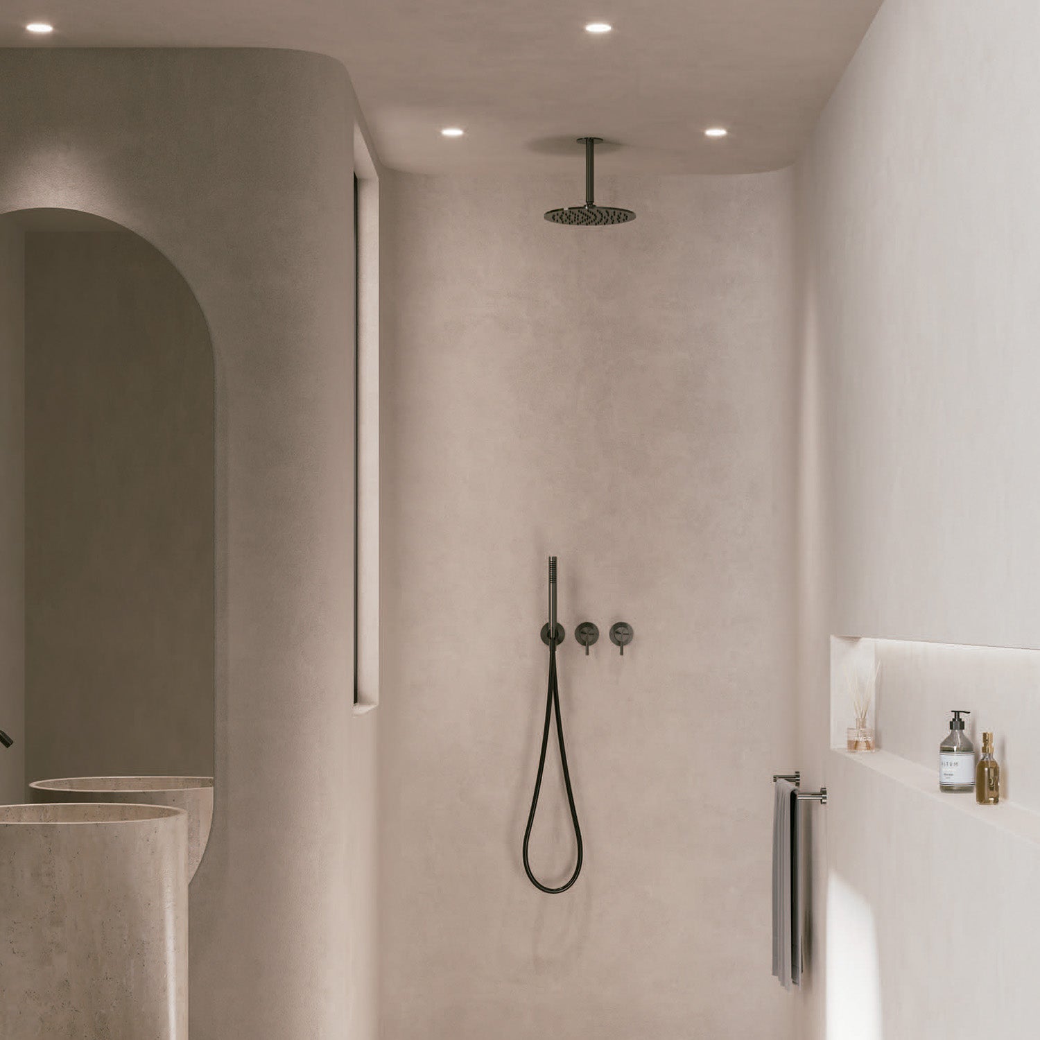 SINED Douchekit voor plafondmontage van 316L roestvrij staal, 25 cm met dubbele diffuser en lange arm van 24 cm, satijnafwerking voor binnen- en buiteninstallatie, model LEVANTE