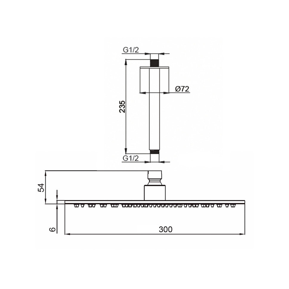 SINED Douchekit voor plafondmontage van roestvrij staal 316L in satin inox kleur met een lange arm van 24 cm en een douchekop van 30 cm diameter. Geschikt voor binnen- en buiteninstallatie, model Levante